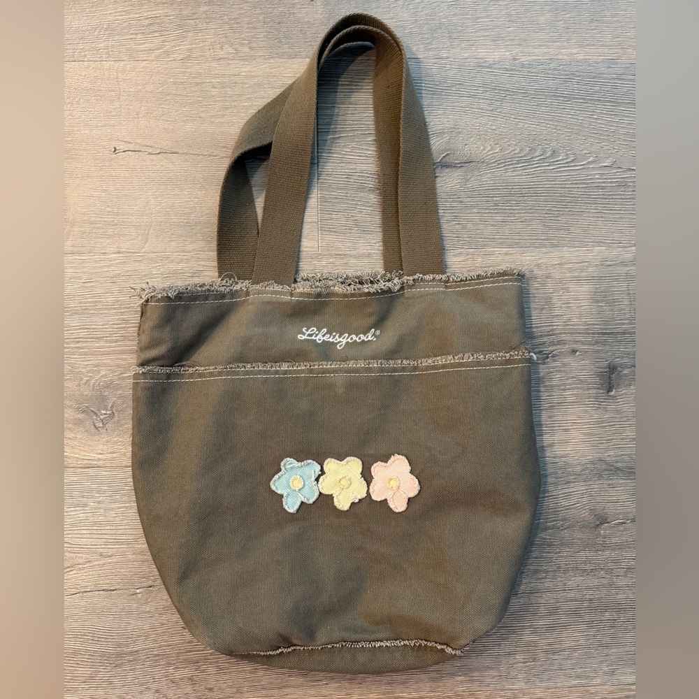 Life is Good Brown Embroidered Flower Tote Bag Y2K